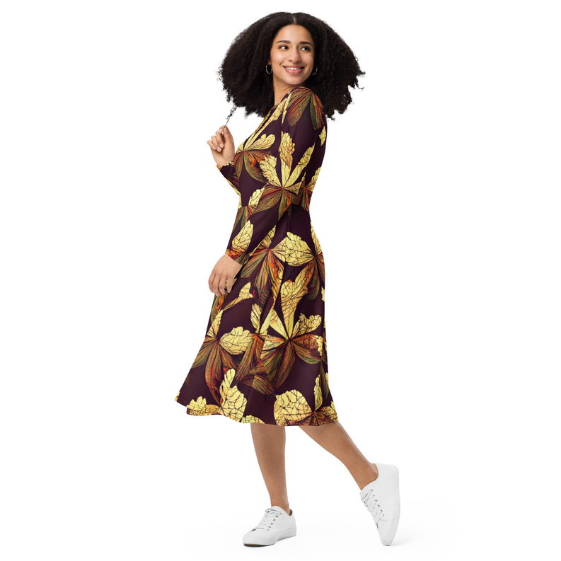 Brown and Gold Leaf Print Long Sleeve Midi Dress Adirelounge
