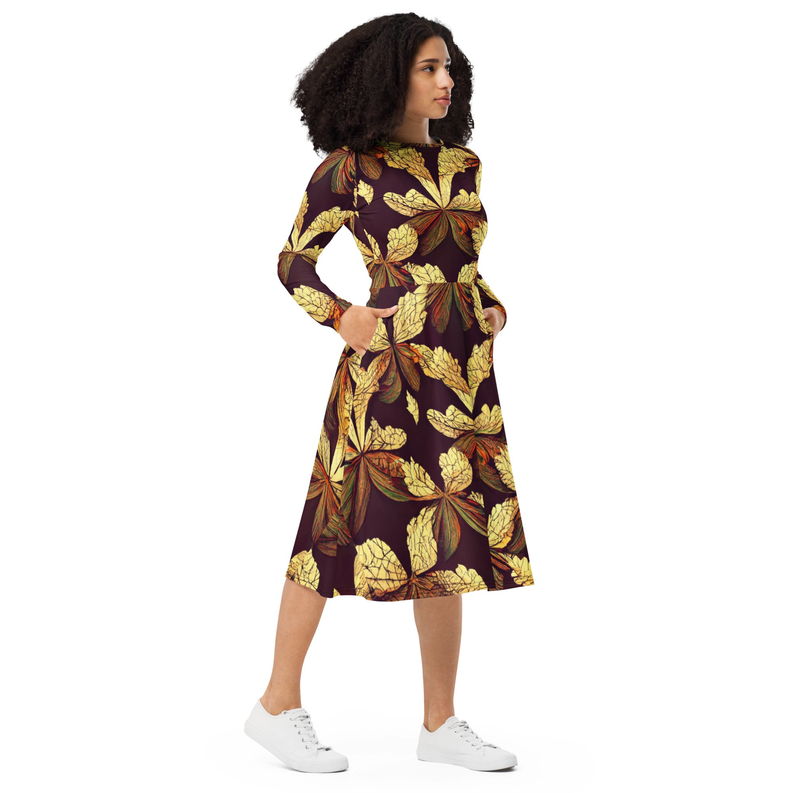 Brown and Gold Leaf Print Long Sleeve Midi Dress Adirelounge