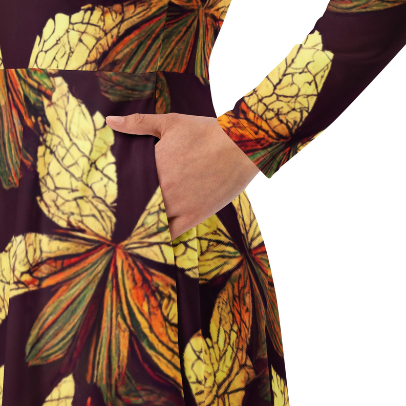 Brown and Gold Leaf Print Long Sleeve Midi Dress Adirelounge