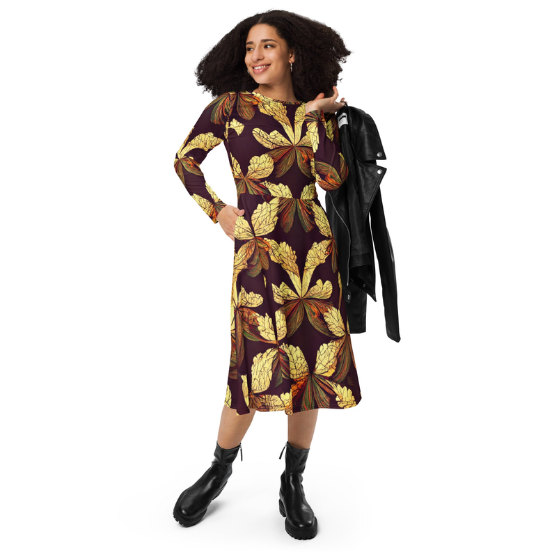 Brown and Gold Leaf Print Long Sleeve Midi Dress Adirelounge