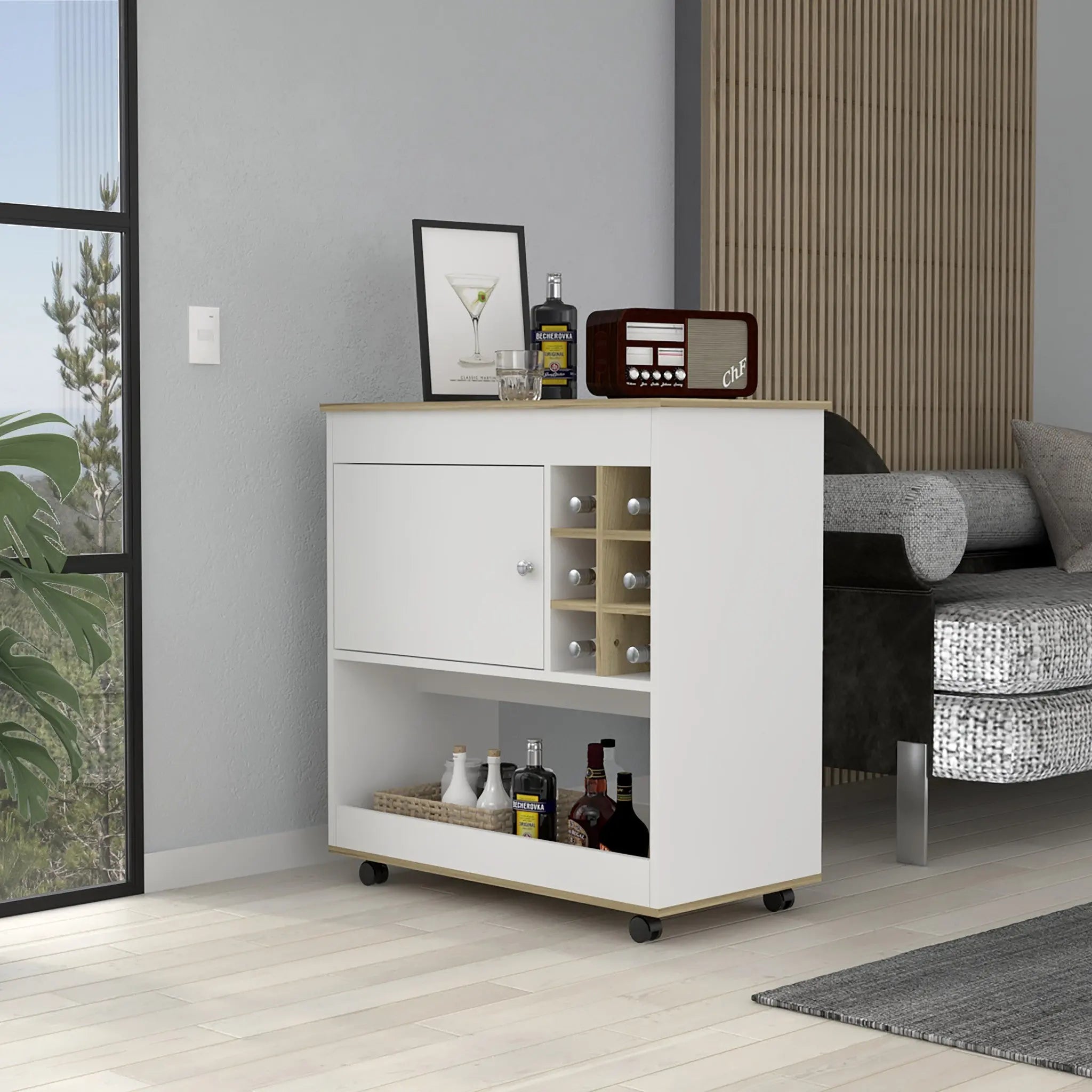Brown and White Rolling Bar Cart With Wine Storage - GreatEagleInc