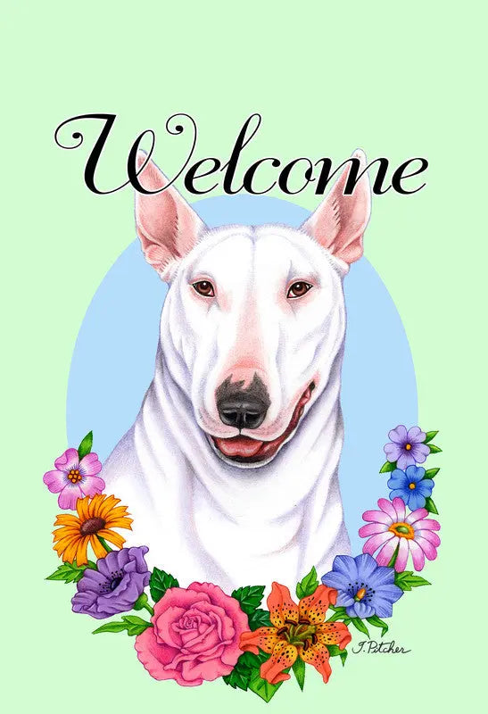 Bull Terrier White - Best of Breed Welcome Flowers Garden Flag Best of Breed