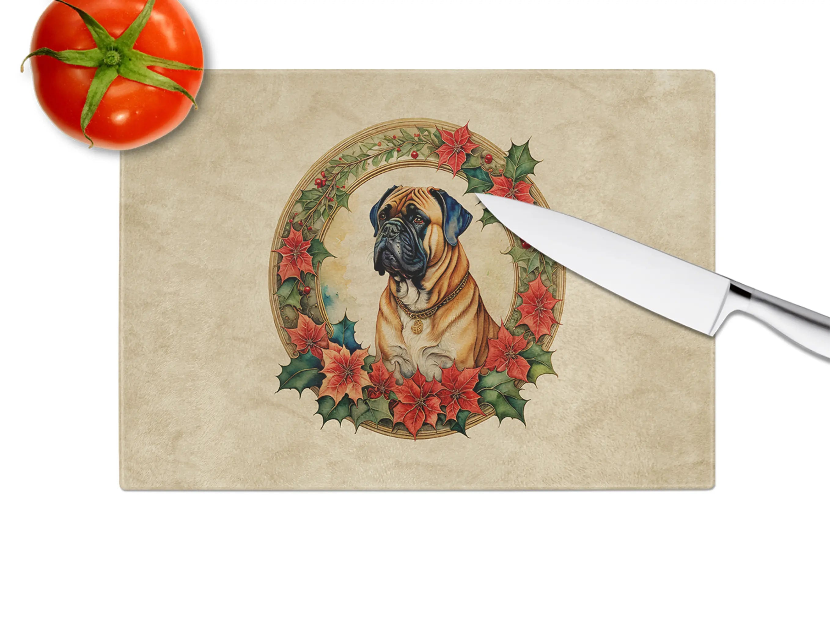 Bullmastiff Christmas Flowers Glass Cutting Board Caroline's Treasures