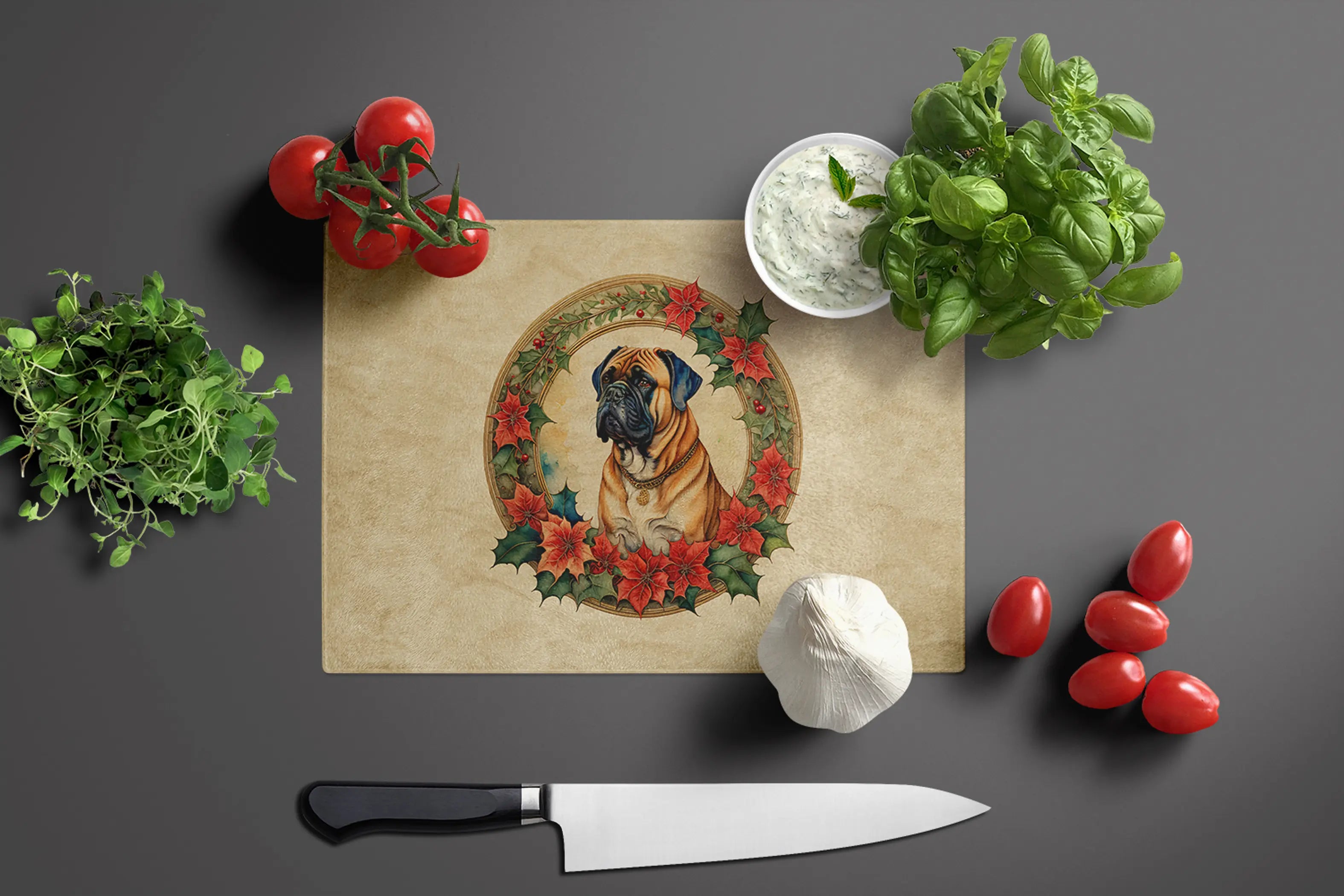 Bullmastiff Christmas Flowers Glass Cutting Board Caroline's Treasures