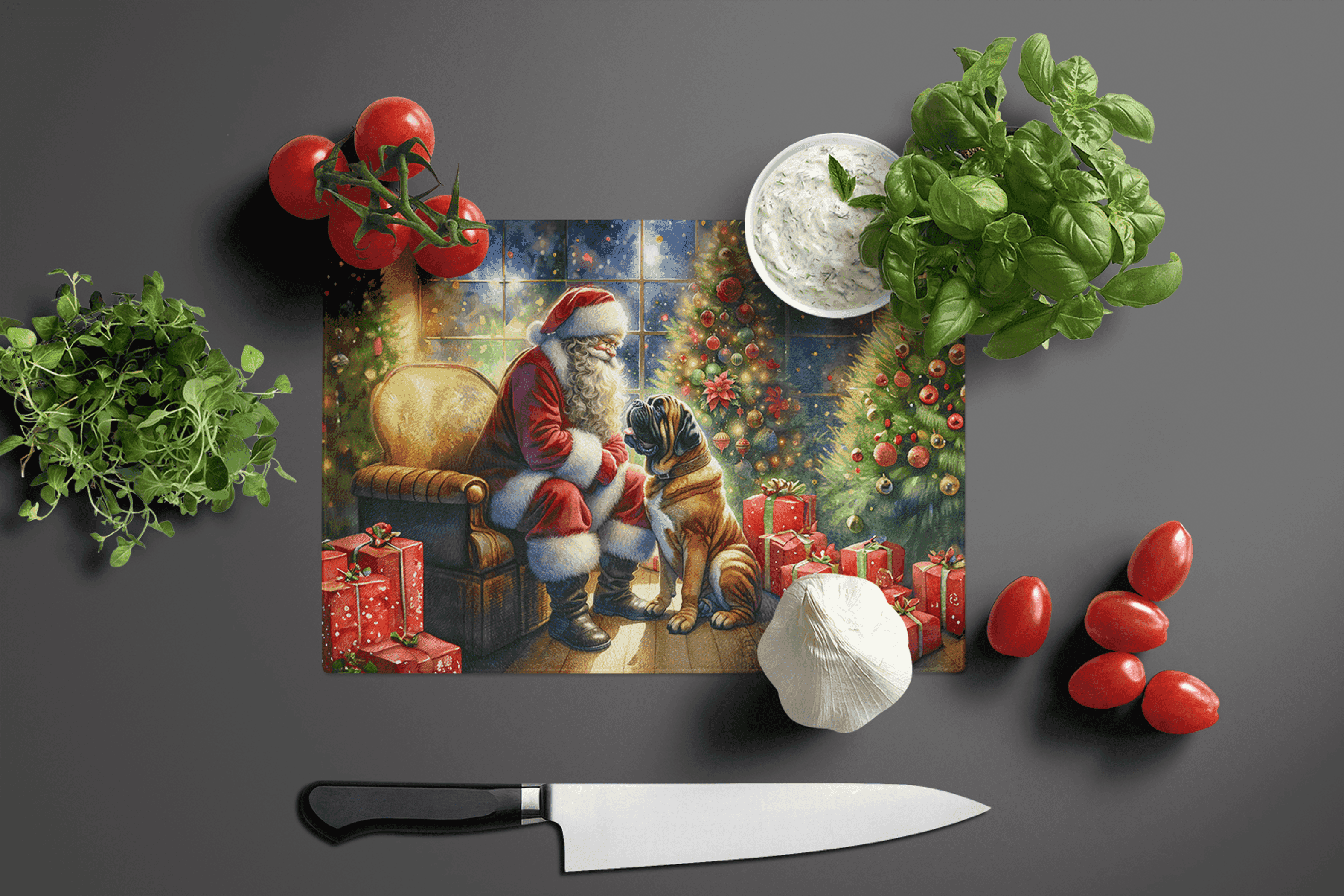 Bullmastiff and Santa Claus Glass Cutting Board Caroline's Treasures