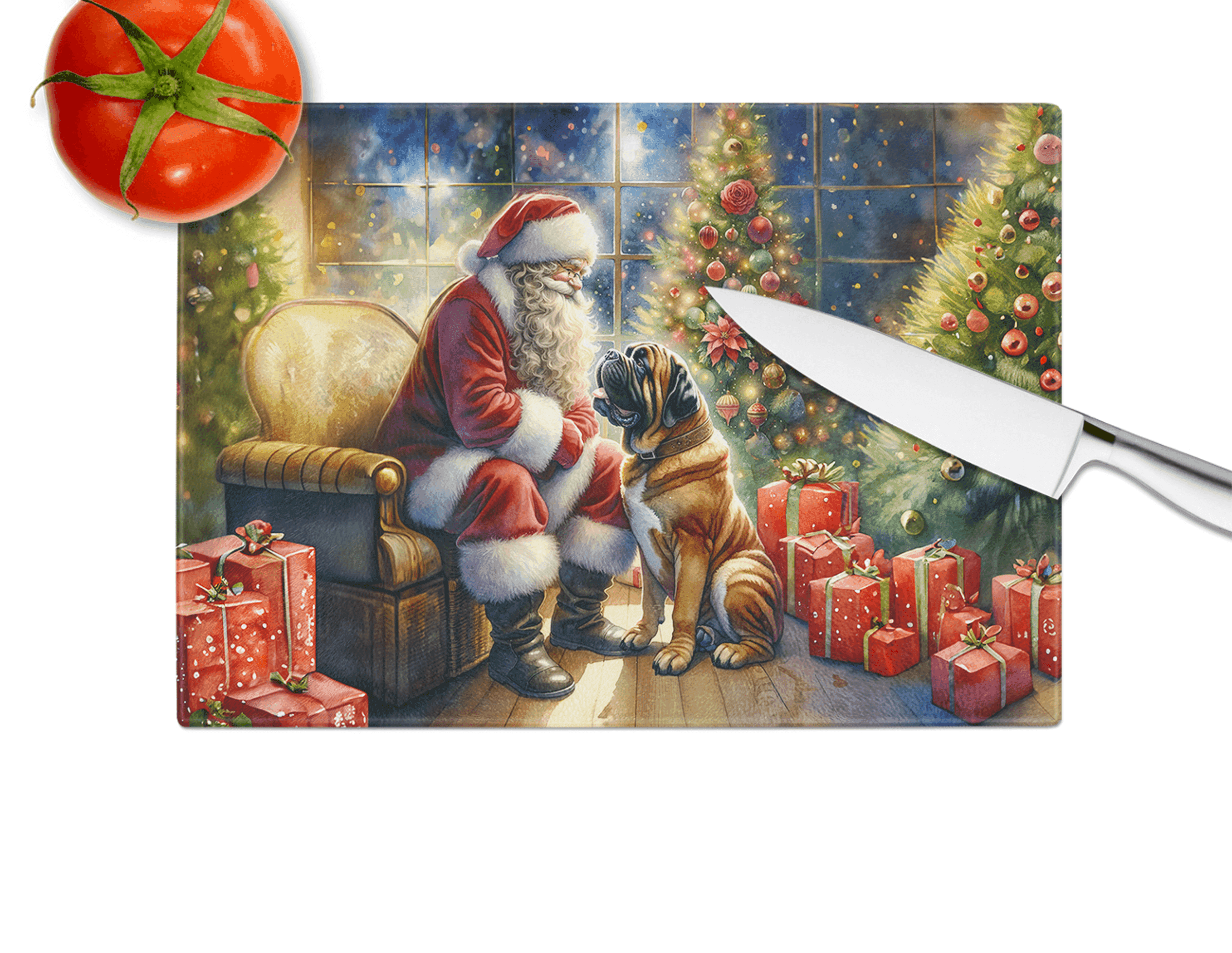 Bullmastiff and Santa Claus Glass Cutting Board Caroline's Treasures