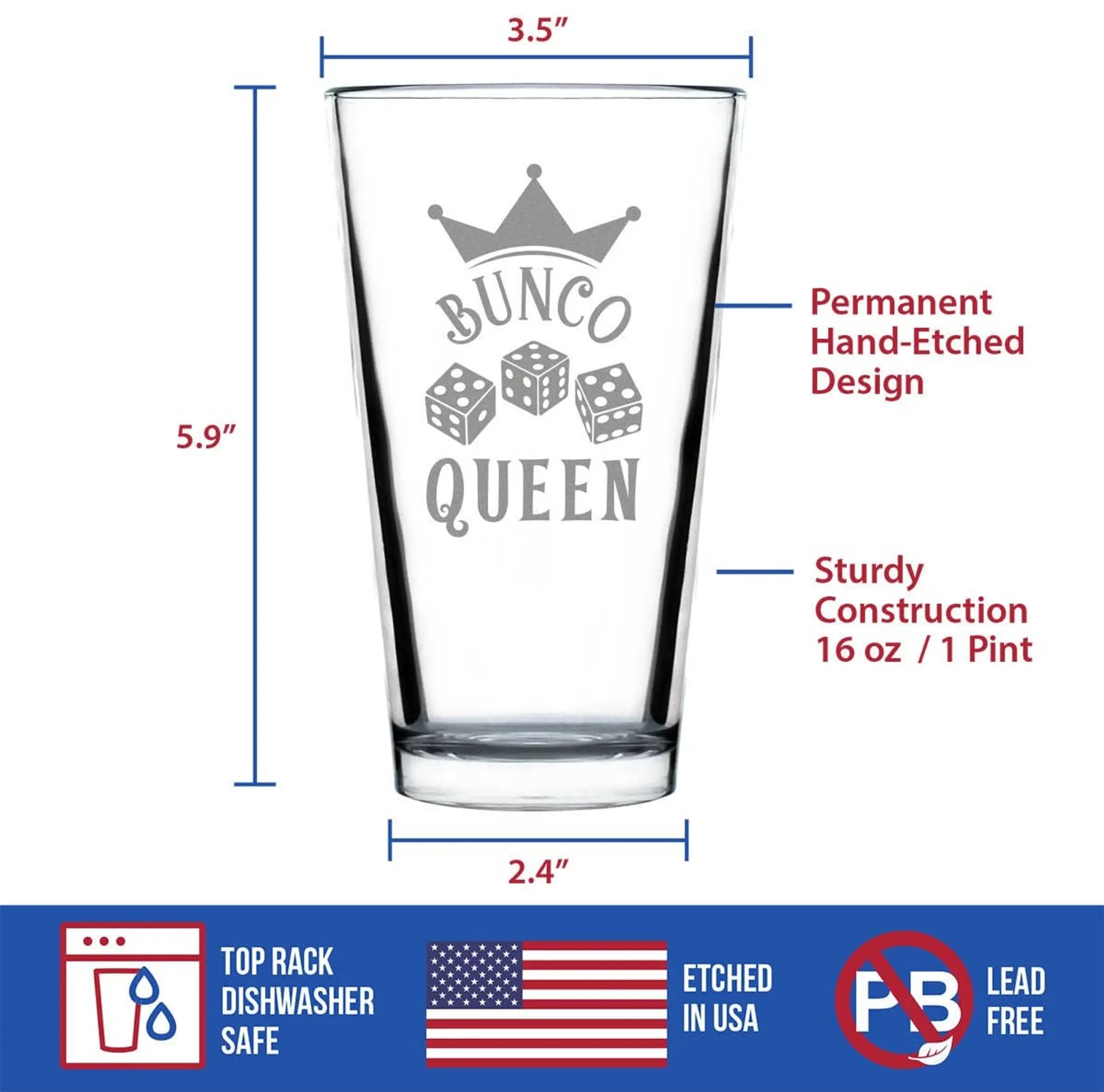 Bunco Queen Pint Glass for Beer - Bunco Gifts and Decor Bevvee