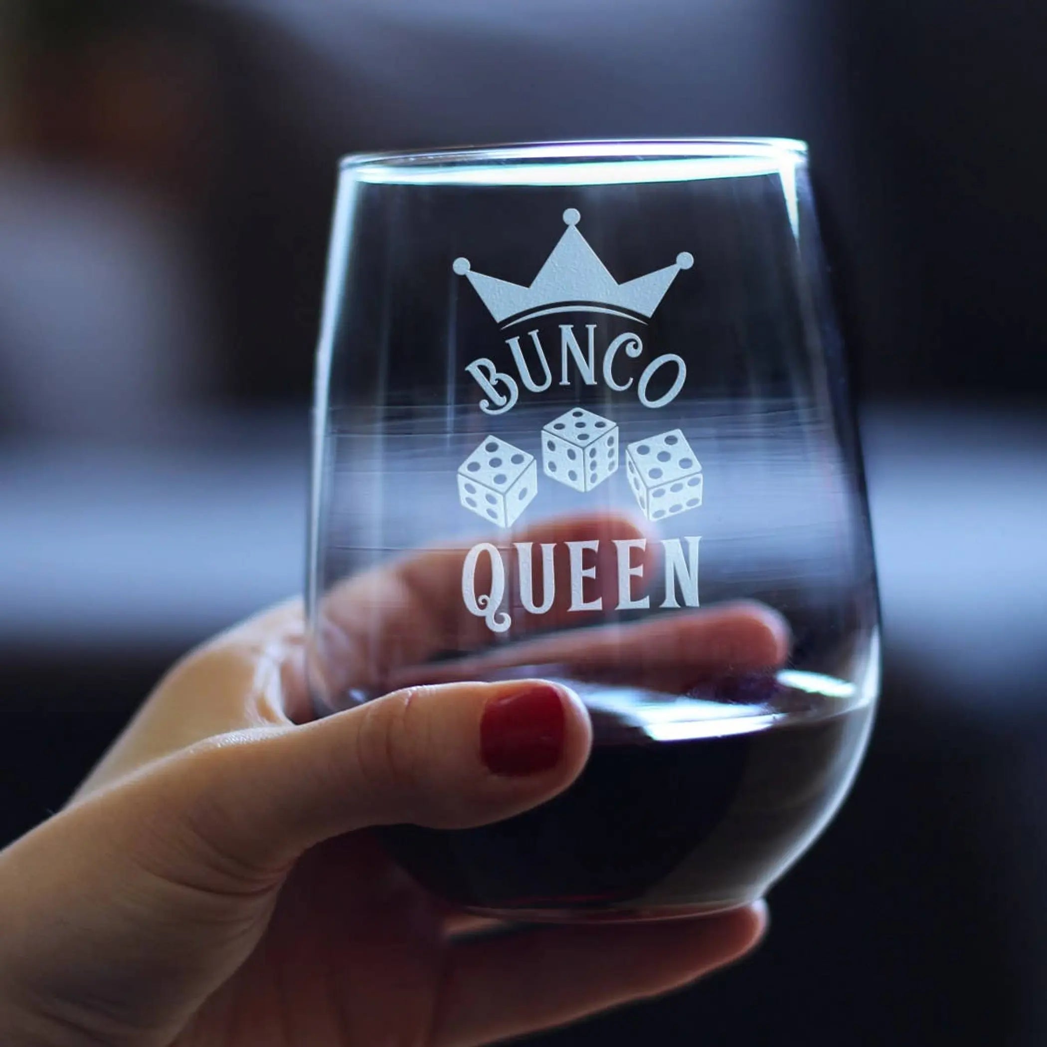 Bunco Queen Stemless Wine Glass - Bunco Gifts and Decor Bevvee