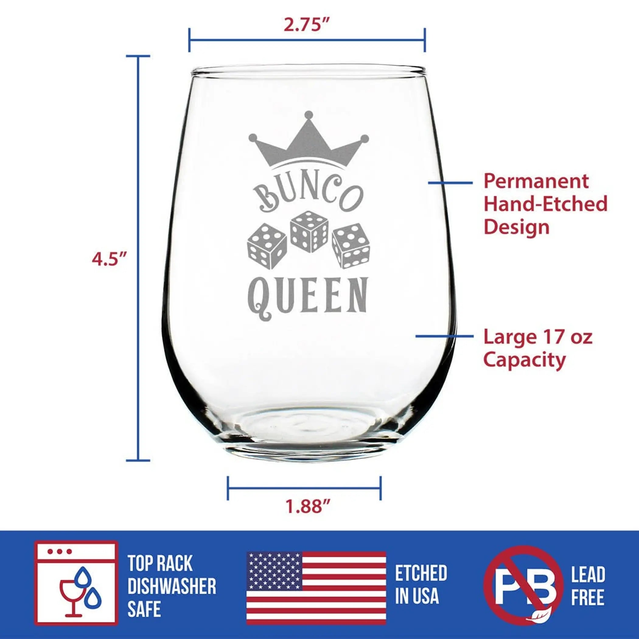 Bunco Queen Stemless Wine Glass - Bunco Gifts and Decor Bevvee
