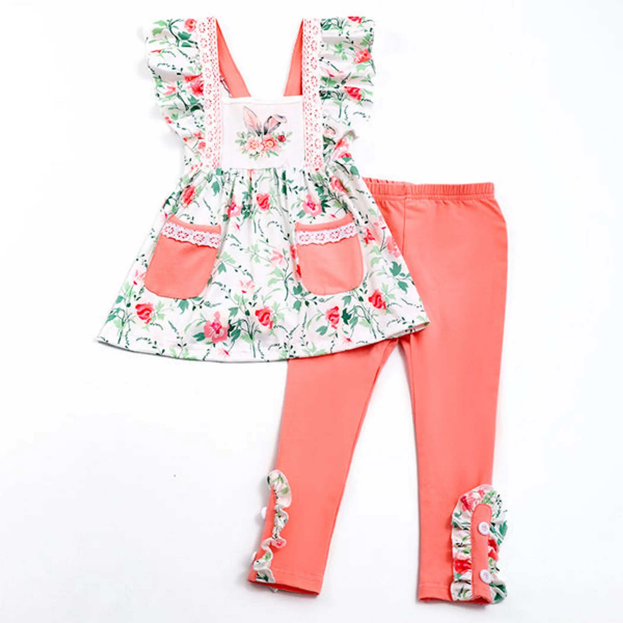 Bunny Floral Outfit (Coral). Melina & Me