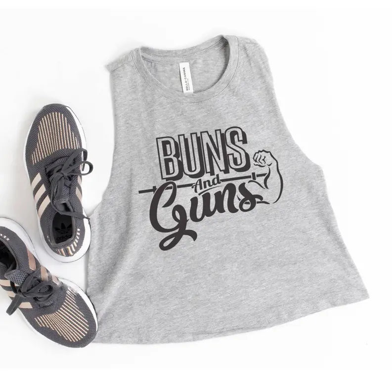 Buns & Guns Funny Workout Crop Top for Women Stiles Tee