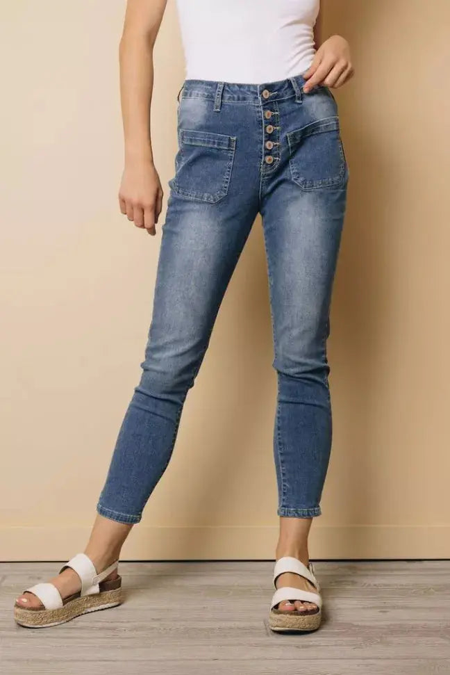 Button Fly Skinny Jeans with Pockets Stay Warm in Style