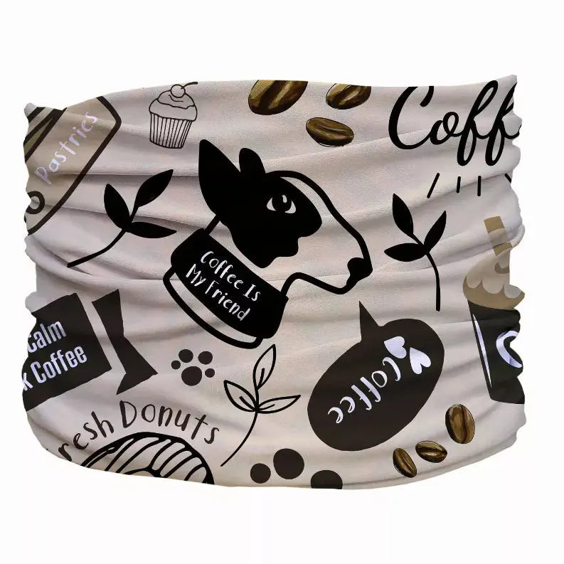 Cream-colored neck gaiter featuring coffee-themed illustrations in black, ideal for casual wear and outdoor activities.