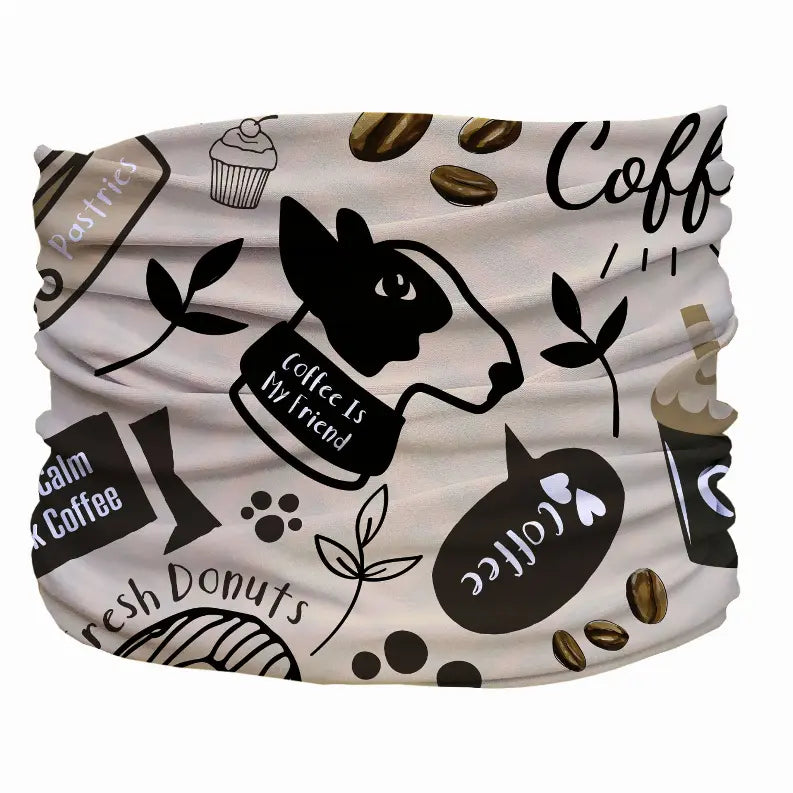 Coffee-themed multifunctional neck gaiter in beige with black graphics of cows, donuts, and coffee beans.