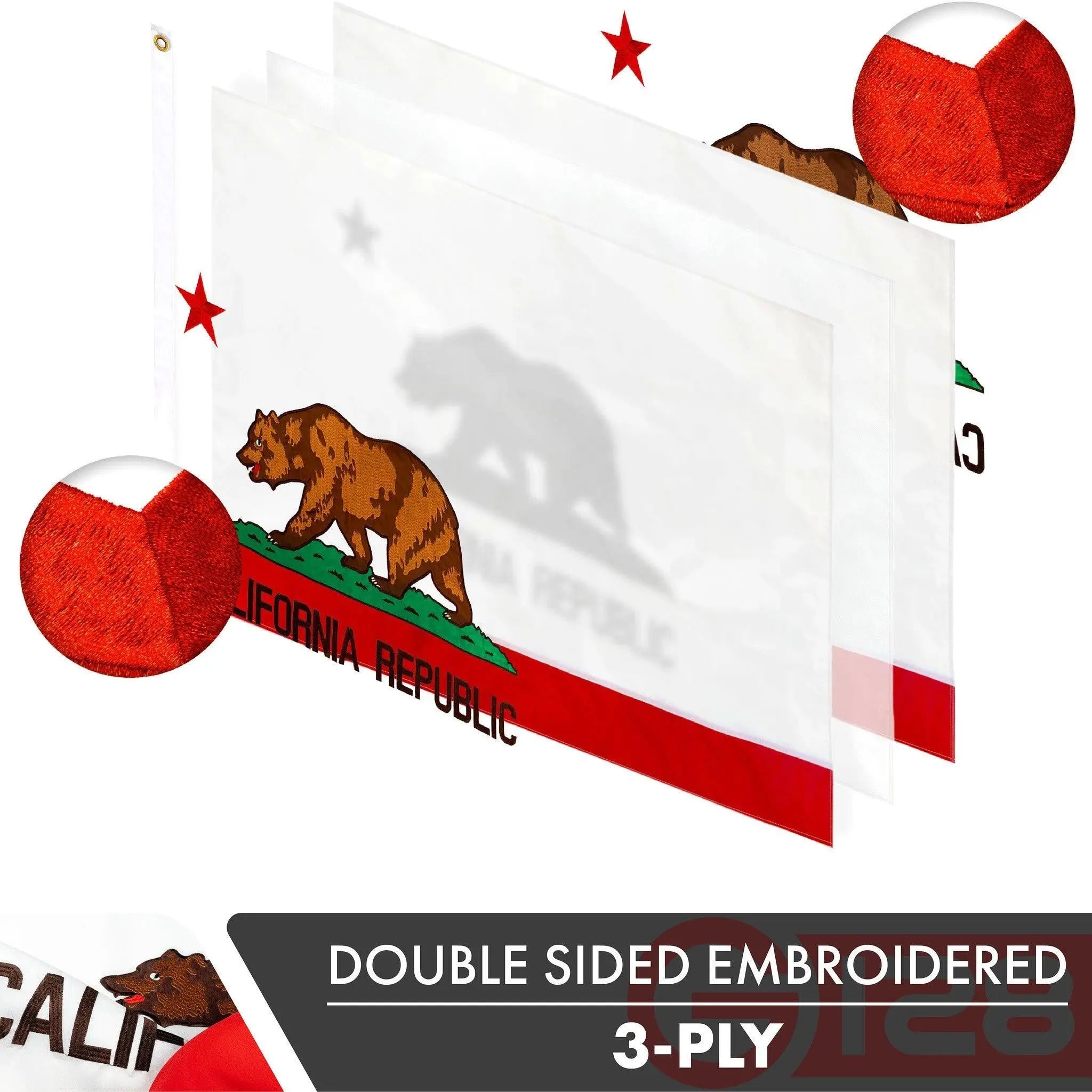 California CA State Flag 2x3FT 3-Pack Double-sided Embroidered Polyester By G128 G128