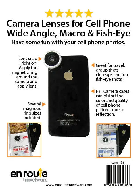 Camera lenses for your phone: Telephoto, Macro, Fisheye Set.  (#136) En Route Travelware