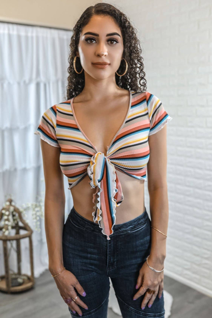 Candice Multi Color Front Tie Wrap Cropped Top SurelyMine