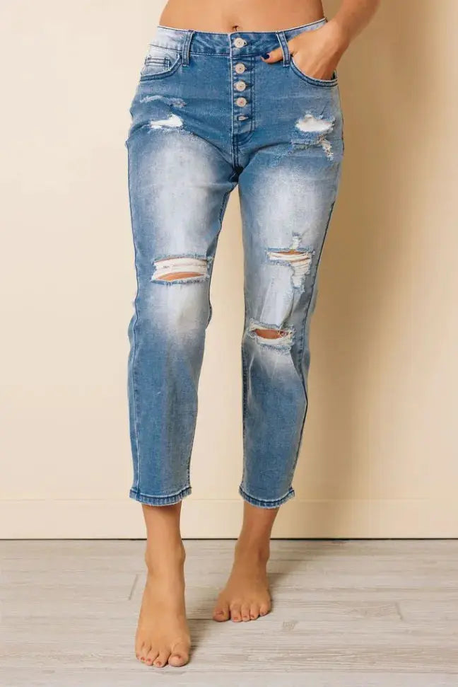 Carmine High Rise Distressed Denim Pants Stay Warm in Style