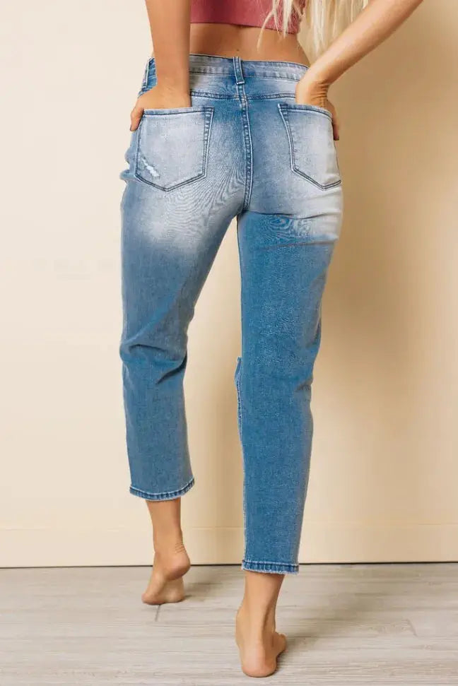 Carmine High Rise Distressed Denim Pants Stay Warm in Style