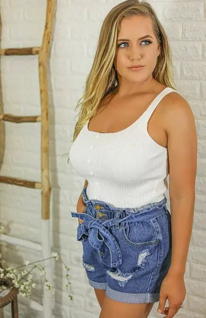 Carmy Sleeveless Scoop Neck Button Detail Knit Top White SurelyMine