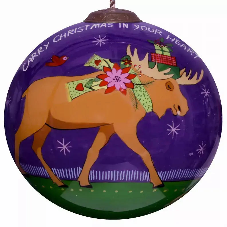 Carry Christmas In Your Heart Moose Hand Painted Glass Ornament Inner Beauty Gifts