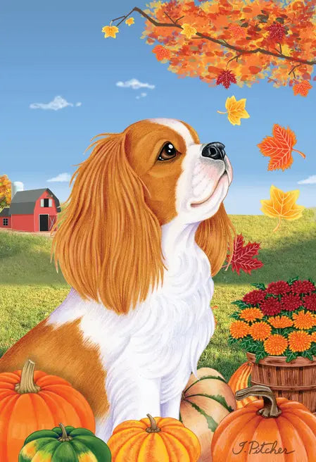 Cavalier King Charles Blenheim - Tomoyo Pitcher Autumn Leaves Outdoor Flag Best of Breed