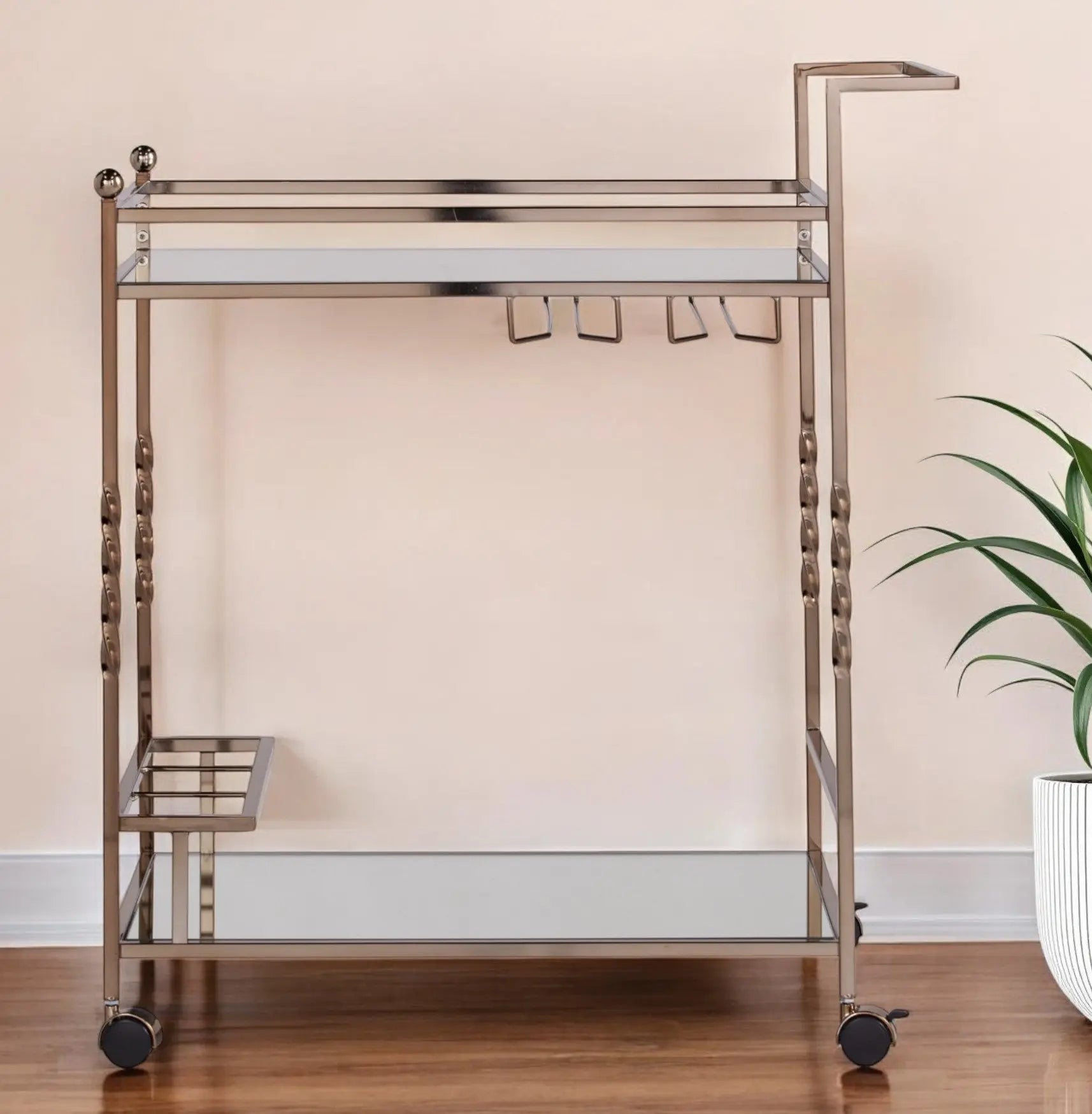Champagne Metal And Mirrored Glass Rolling Bar Cart With Wine Storage Homeroots Kitchen & Dining