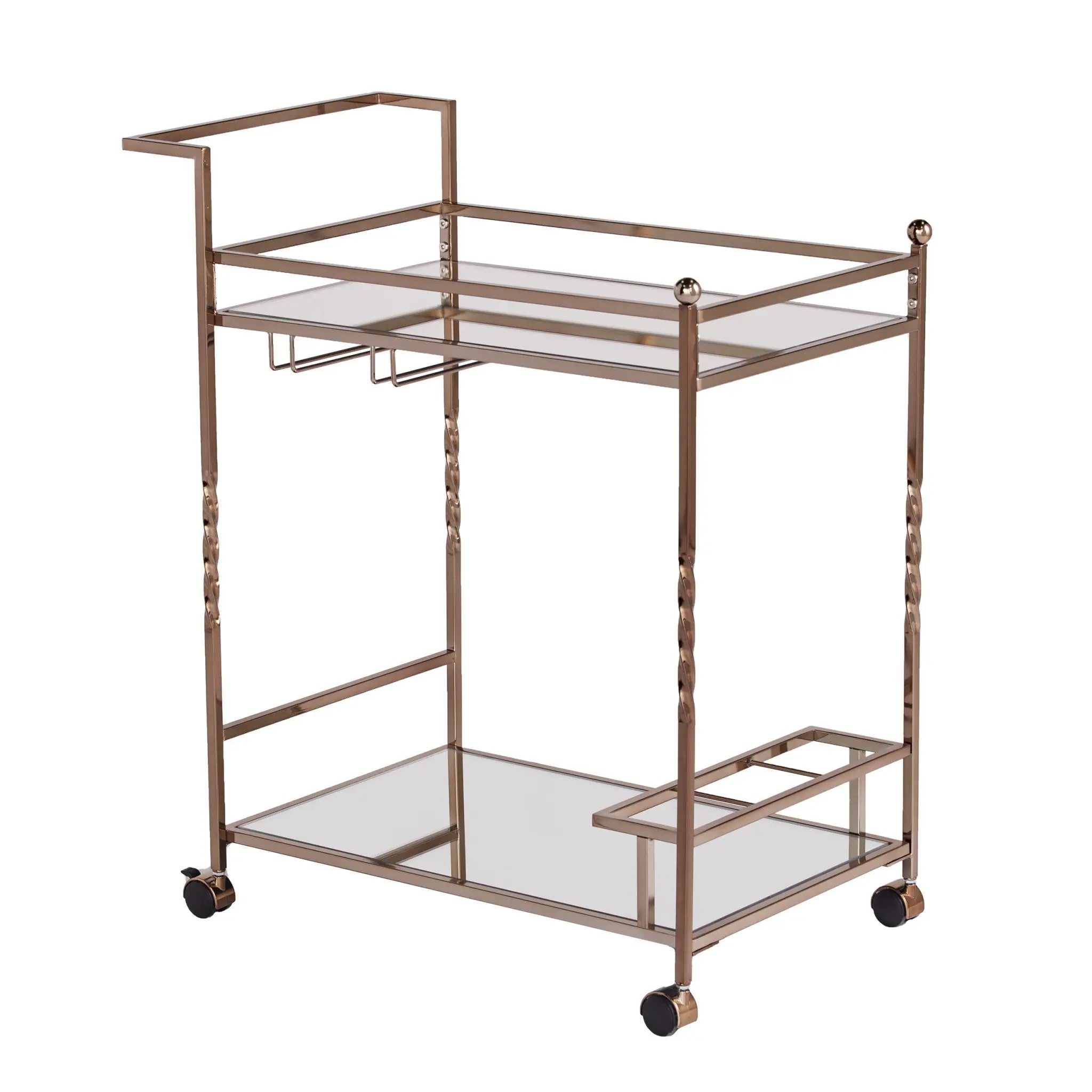 Champagne Metal And Mirrored Glass Rolling Bar Cart With Wine Storage Homeroots Kitchen & Dining