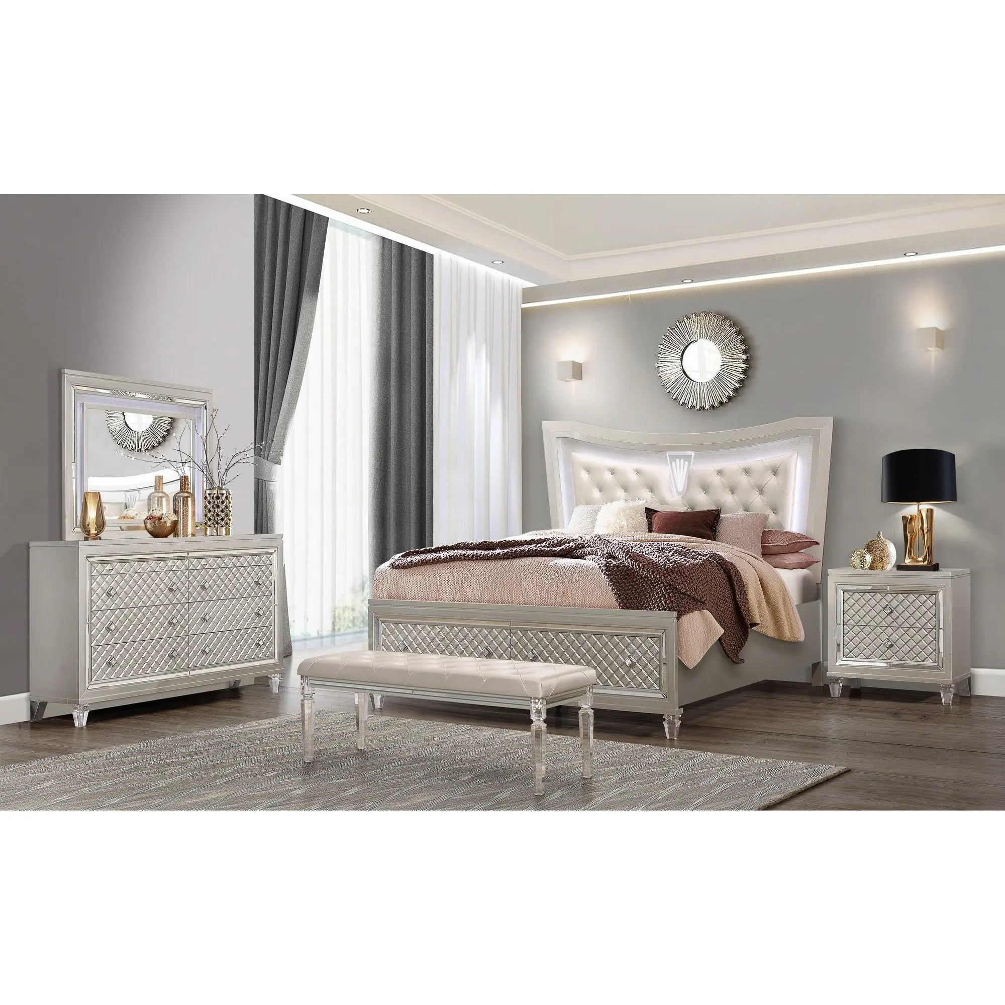 Champagne Tone Queen Bed With Padded Headboard  Led Lightning  2 Drawer Homeroots Bed & Bath