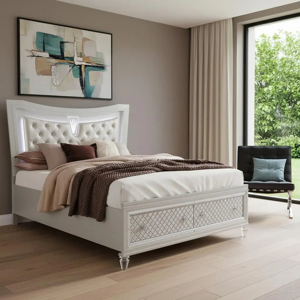 Champagne Tone Queen Bed With Padded Headboard  Led Lightning  2 Drawer Homeroots Bed & Bath