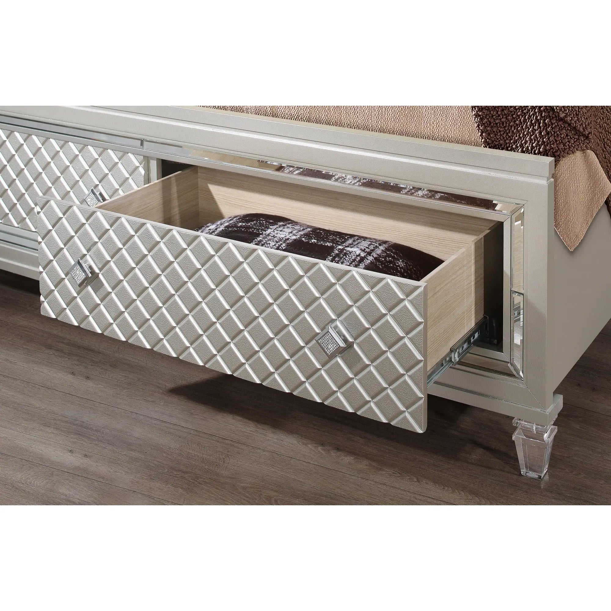 Champagne Tone Queen Bed With Padded Headboard  Led Lightning  2 Drawer Homeroots Bed & Bath