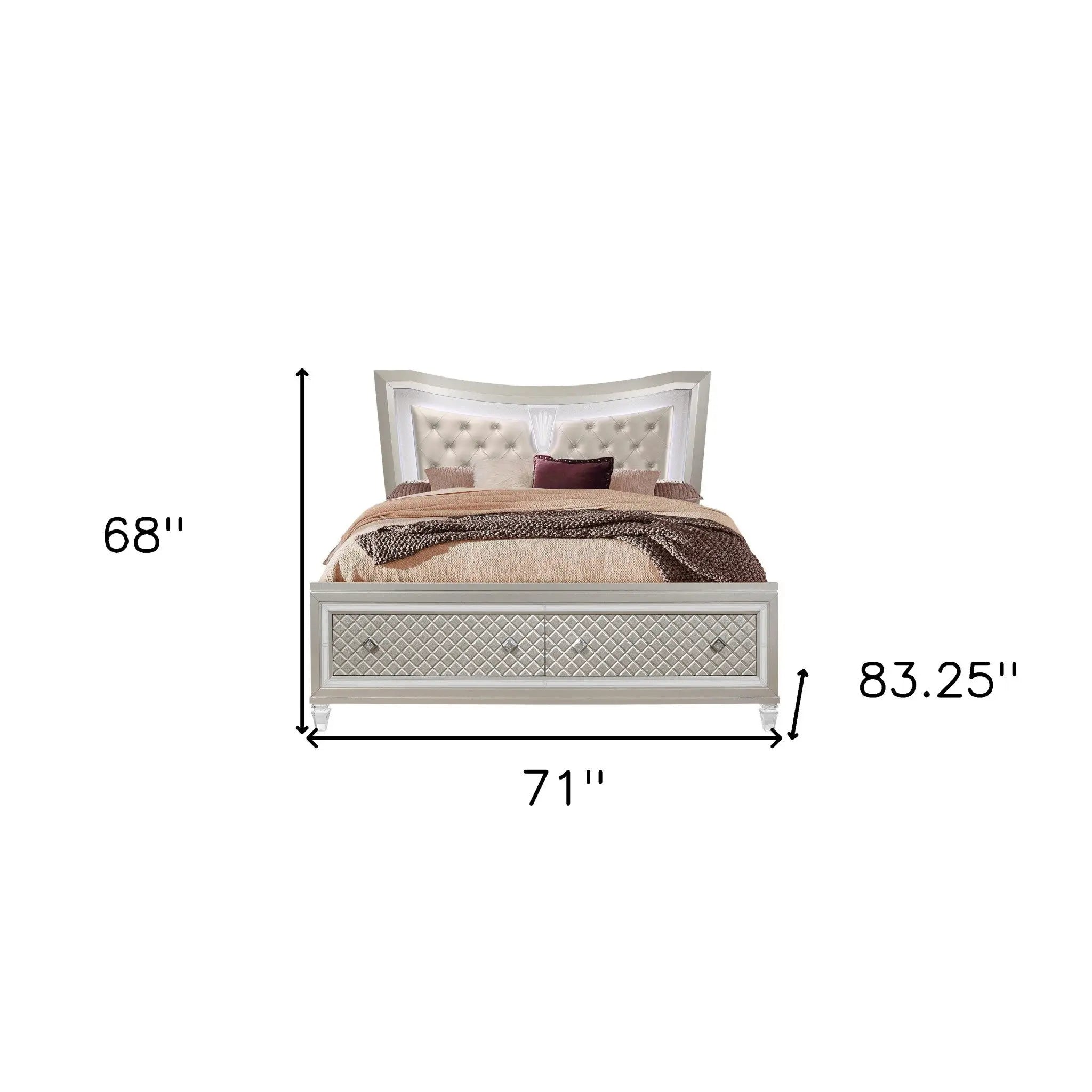 Champagne Tone Queen Bed With Padded Headboard  Led Lightning  2 Drawer Homeroots Bed & Bath
