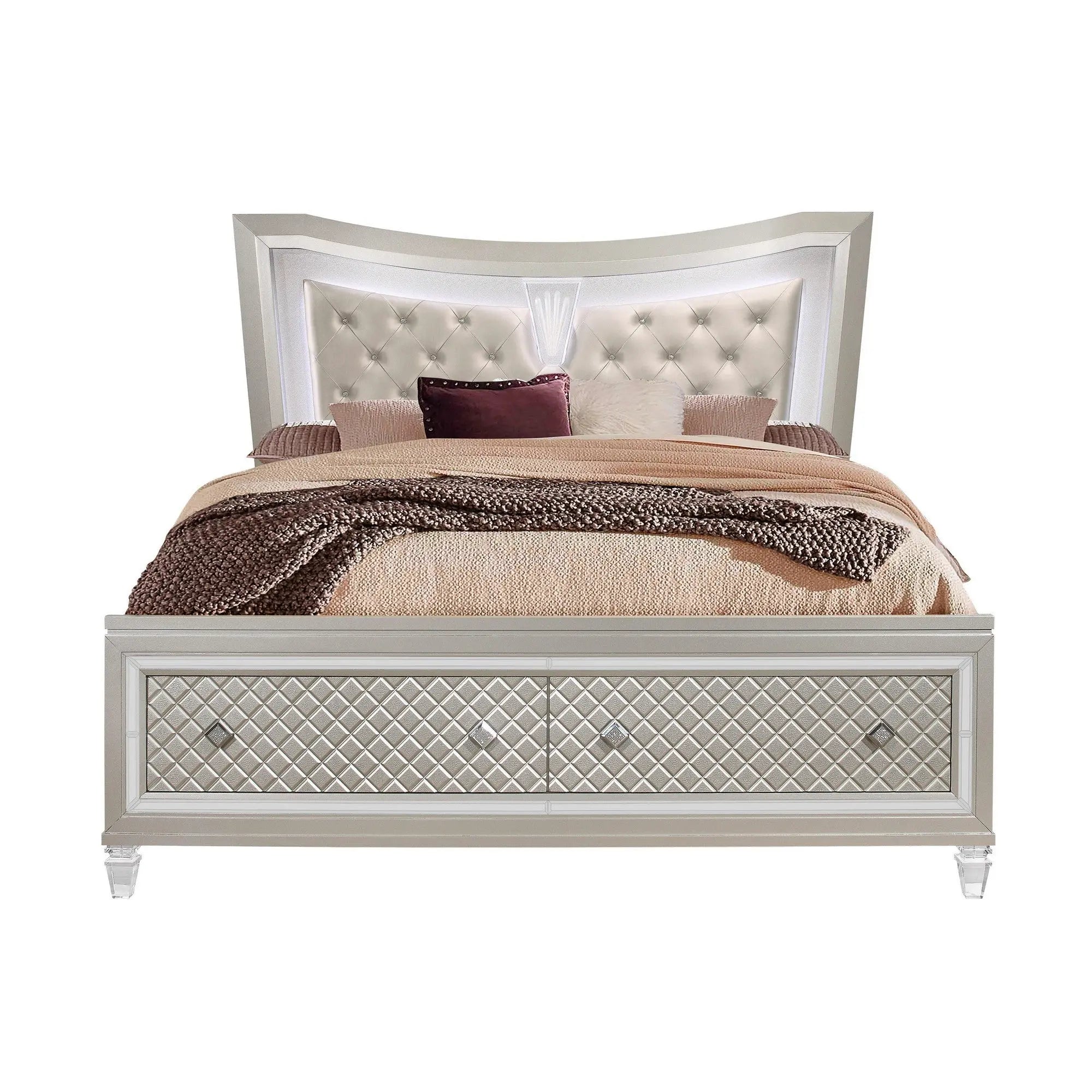 Champagne Tone Queen Bed With Padded Headboard  Led Lightning  2 Drawer Homeroots Bed & Bath