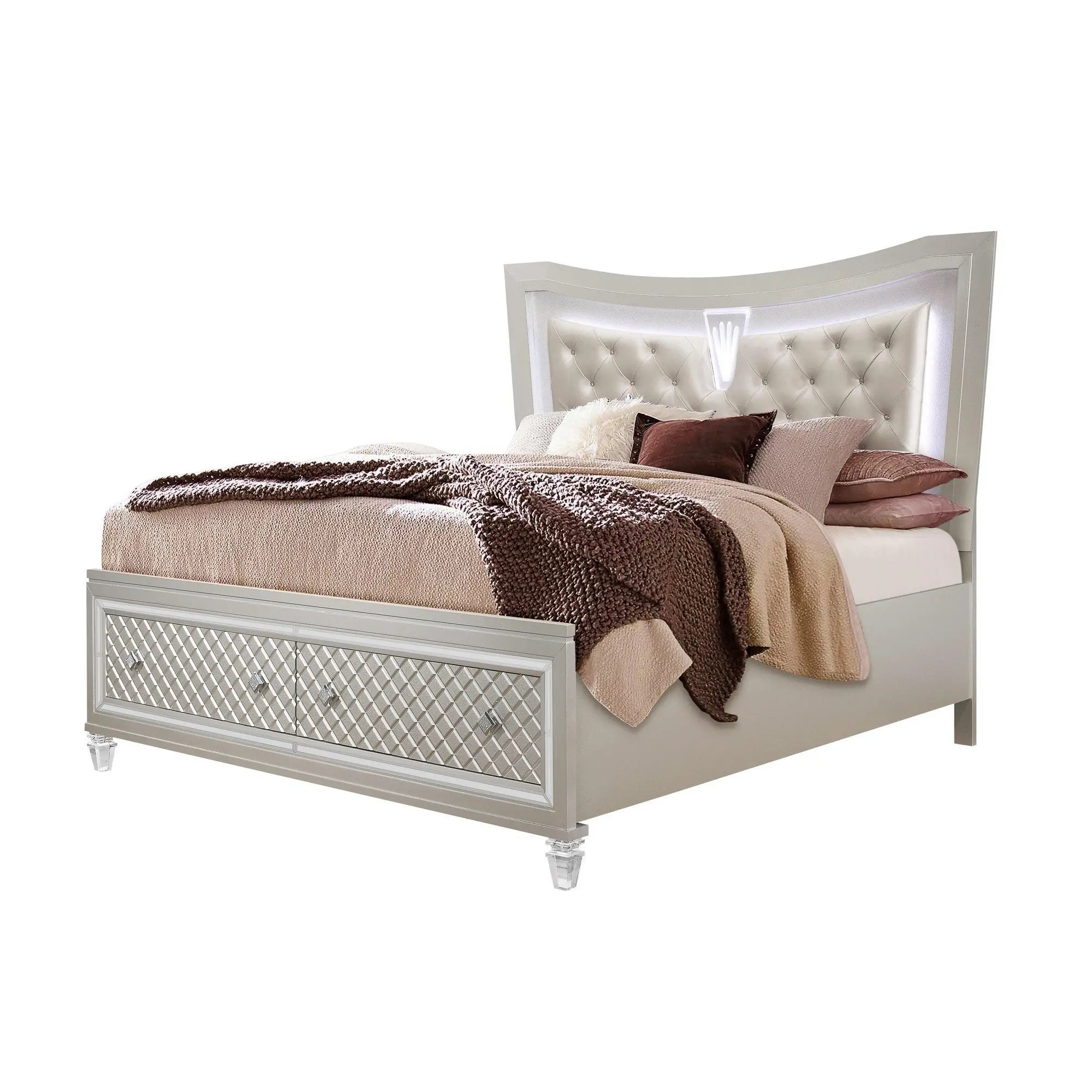 Champagne Tone Queen Bed With Padded Headboard  Led Lightning  2 Drawer Homeroots Bed & Bath