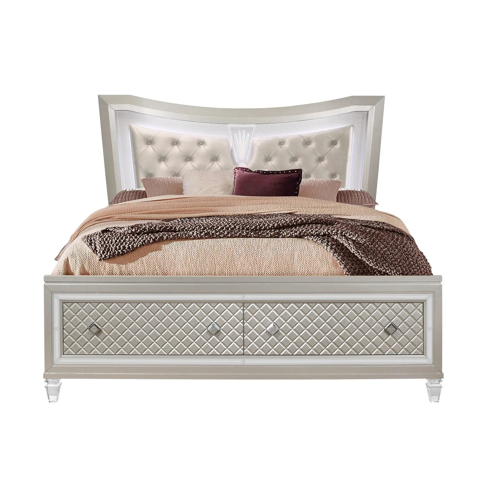 Champagne Tone Queen Bed With Padded Headboard  Led Lightning  2 Drawer Homeroots Bed & Bath
