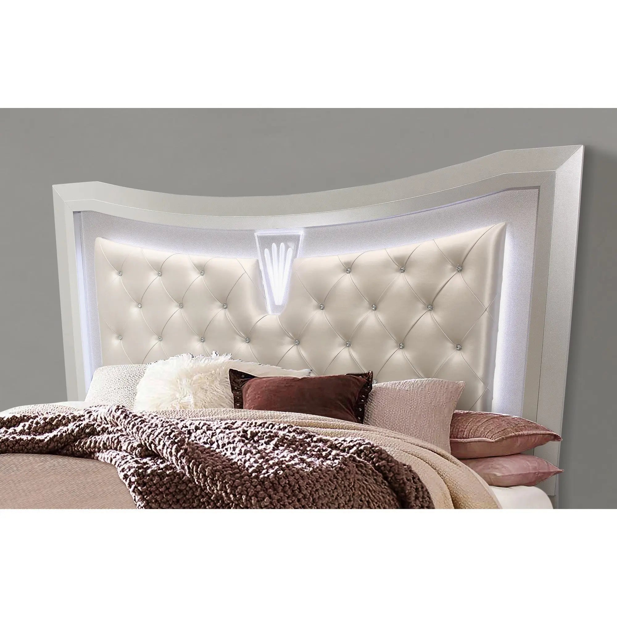 Champagne Tone Queen Bed With Padded Headboard  Led Lightning  2 Drawer Homeroots Bed & Bath