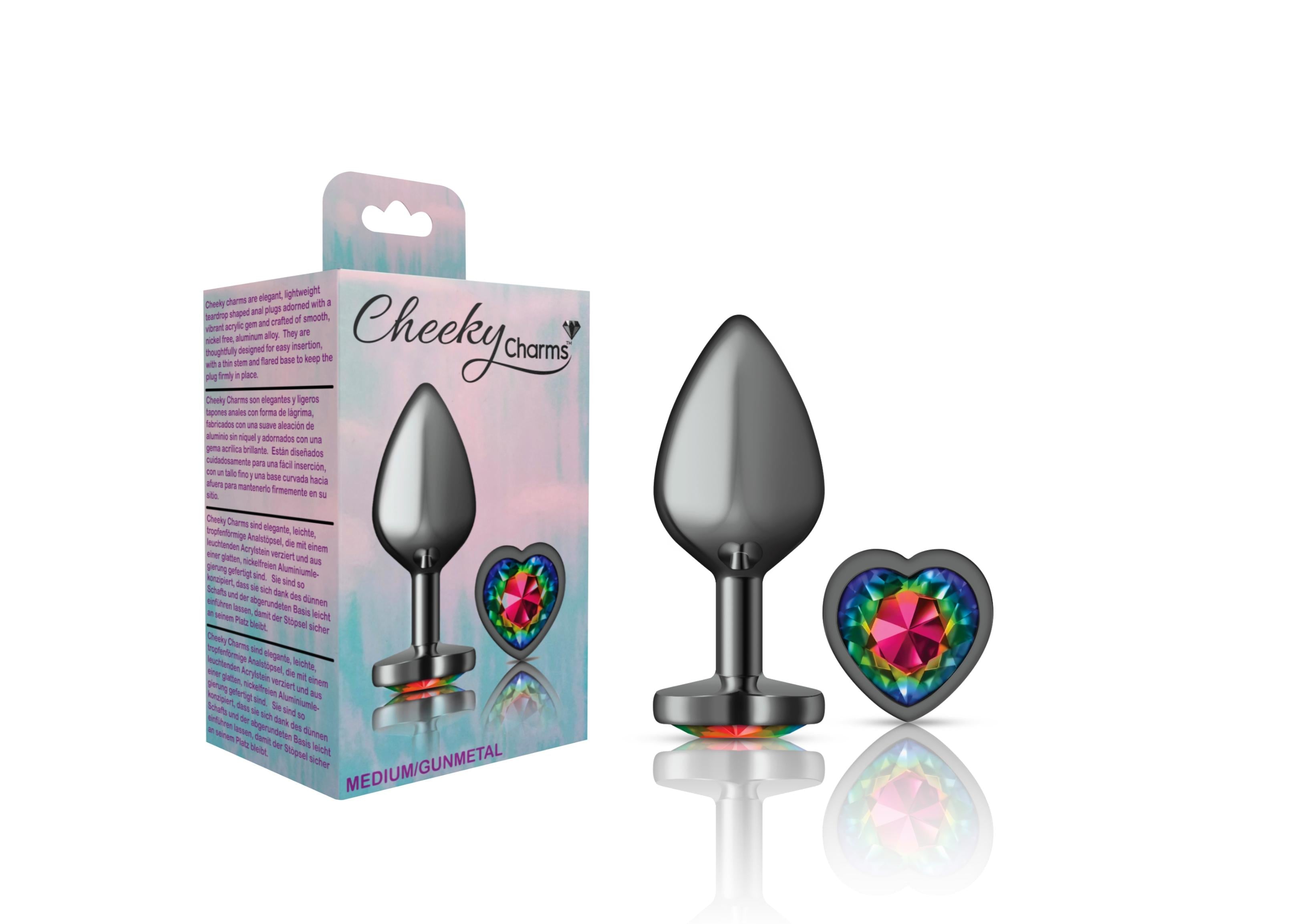 Cheeky Charms - Gunmetal Metal Buttplug - Heart - Rainbow - Medium - GreatEagleInc