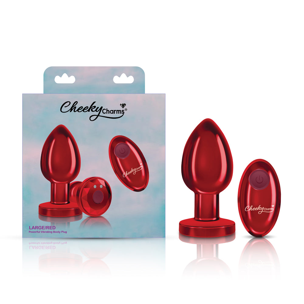 Cheeky Charms - Rechargeable Vibrating Metal Butt Plug With Remote Control - Red - Large - GreatEagleInc