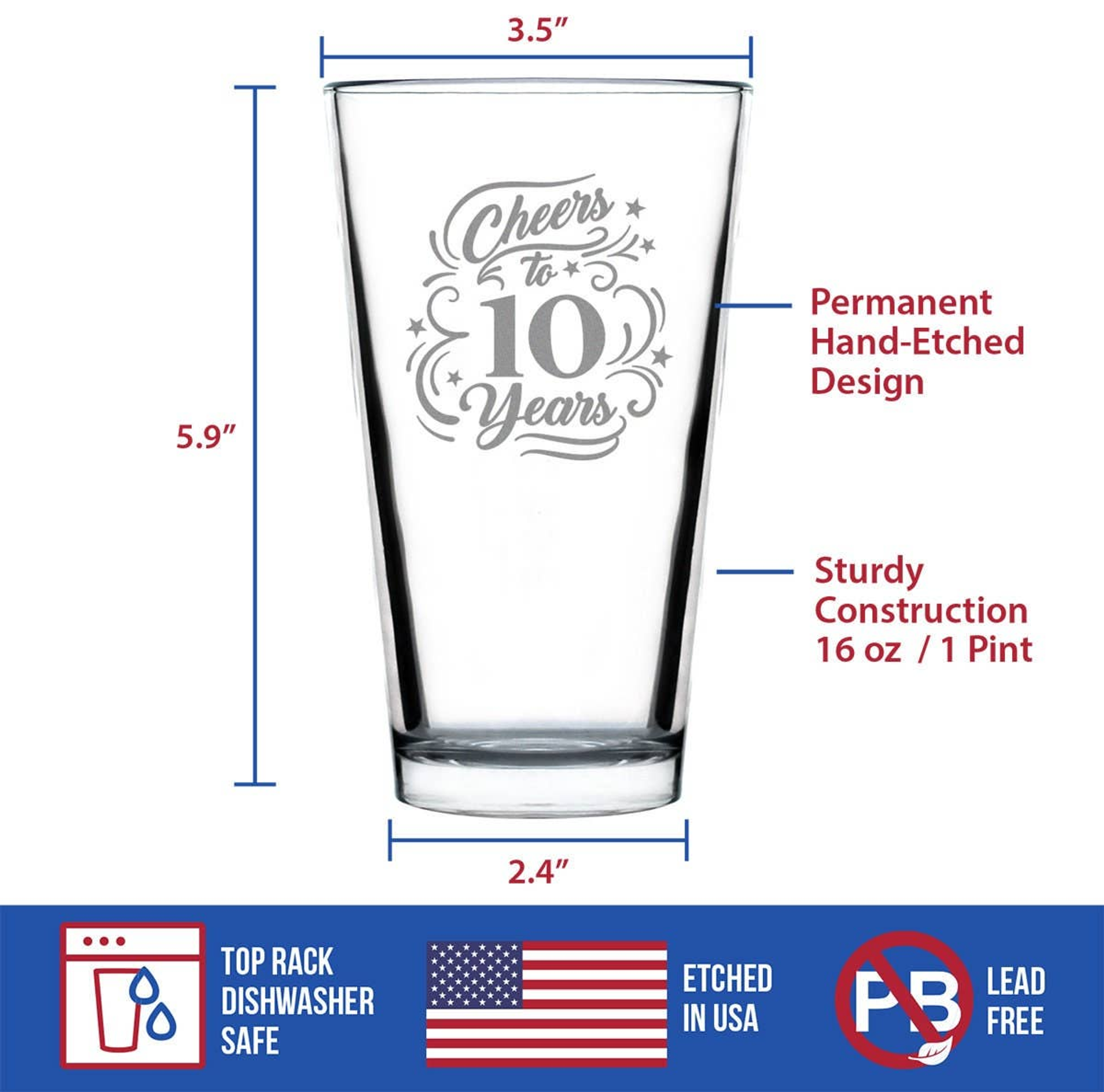Cheers 10  Pint Glass for Beer - 10th Anniversary Gifts Bevvee