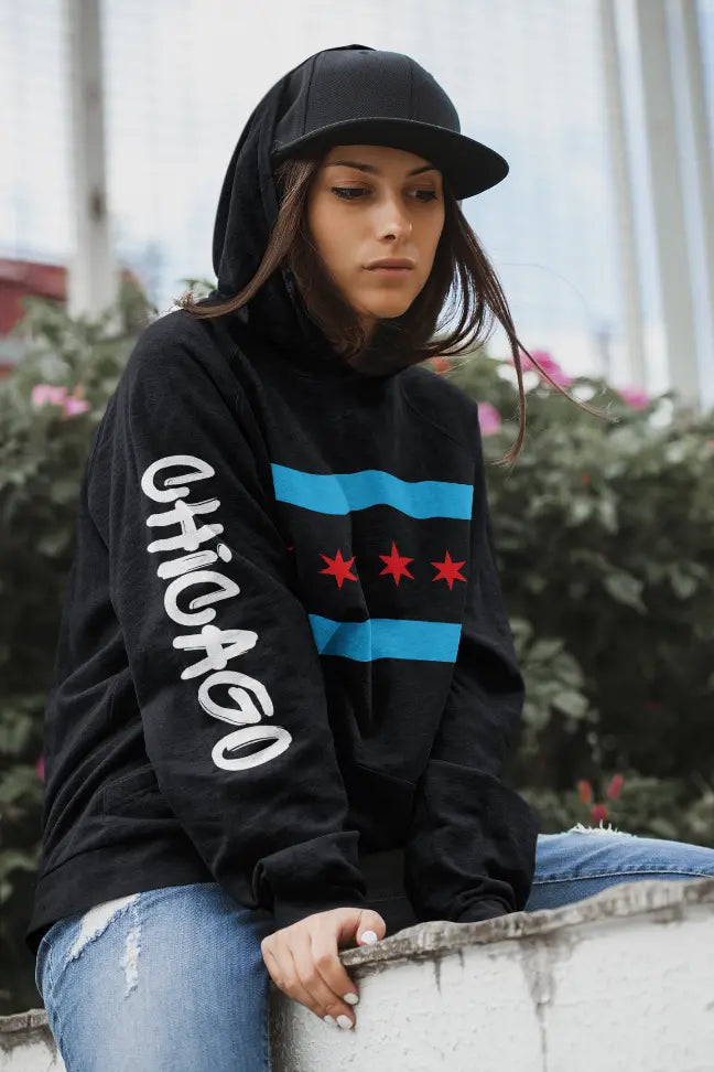 Chicago Flag Hoodie - Graffiti Black Cat Bazaar
