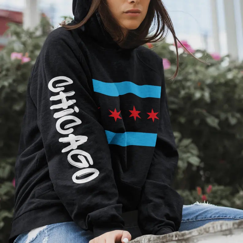 Chicago Flag Hoodie - Graffiti Black Cat Bazaar