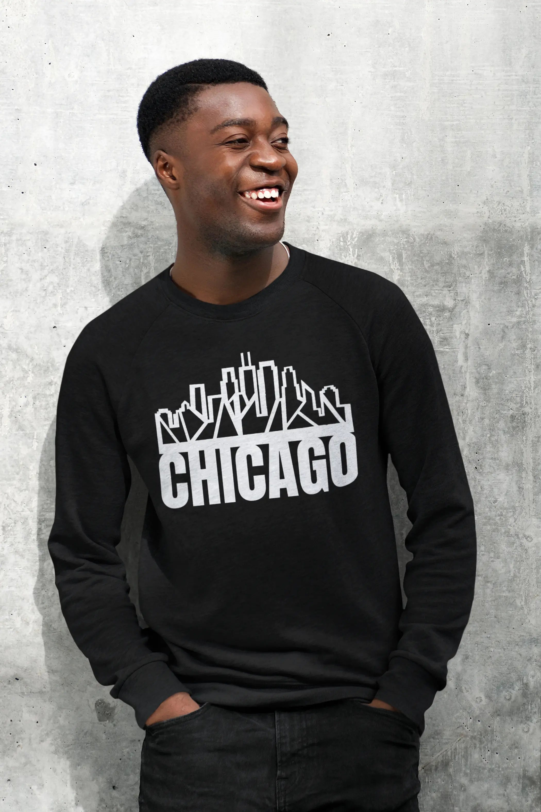 Chicago Skyline Crewneck with "Chicago" Text Black Cat Bazaar