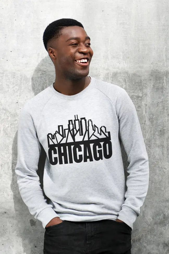Chicago Skyline Crewneck with "Chicago" Text Black Cat Bazaar