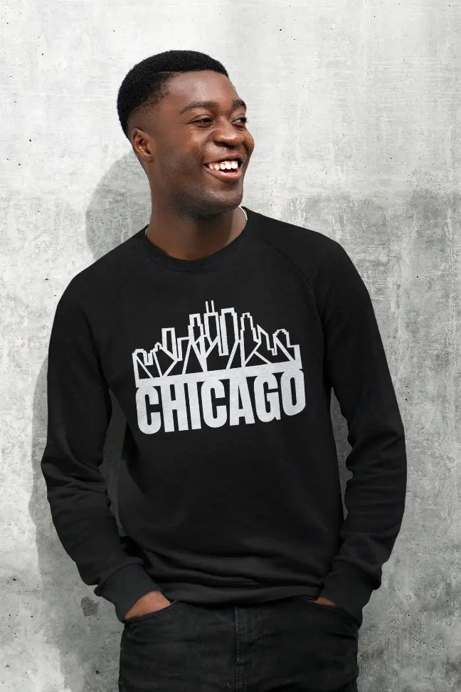 Chicago Skyline Crewneck with "Chicago" Text Black Cat Bazaar
