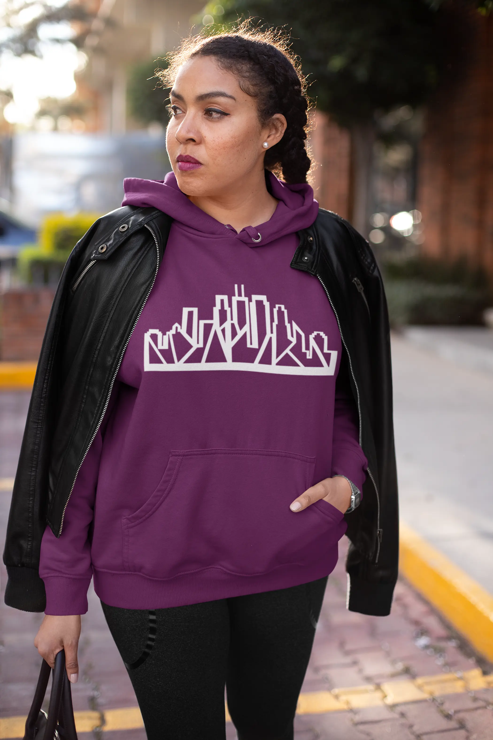 Chicago Skyline Hoodie with White Outline Black Cat Bazaar