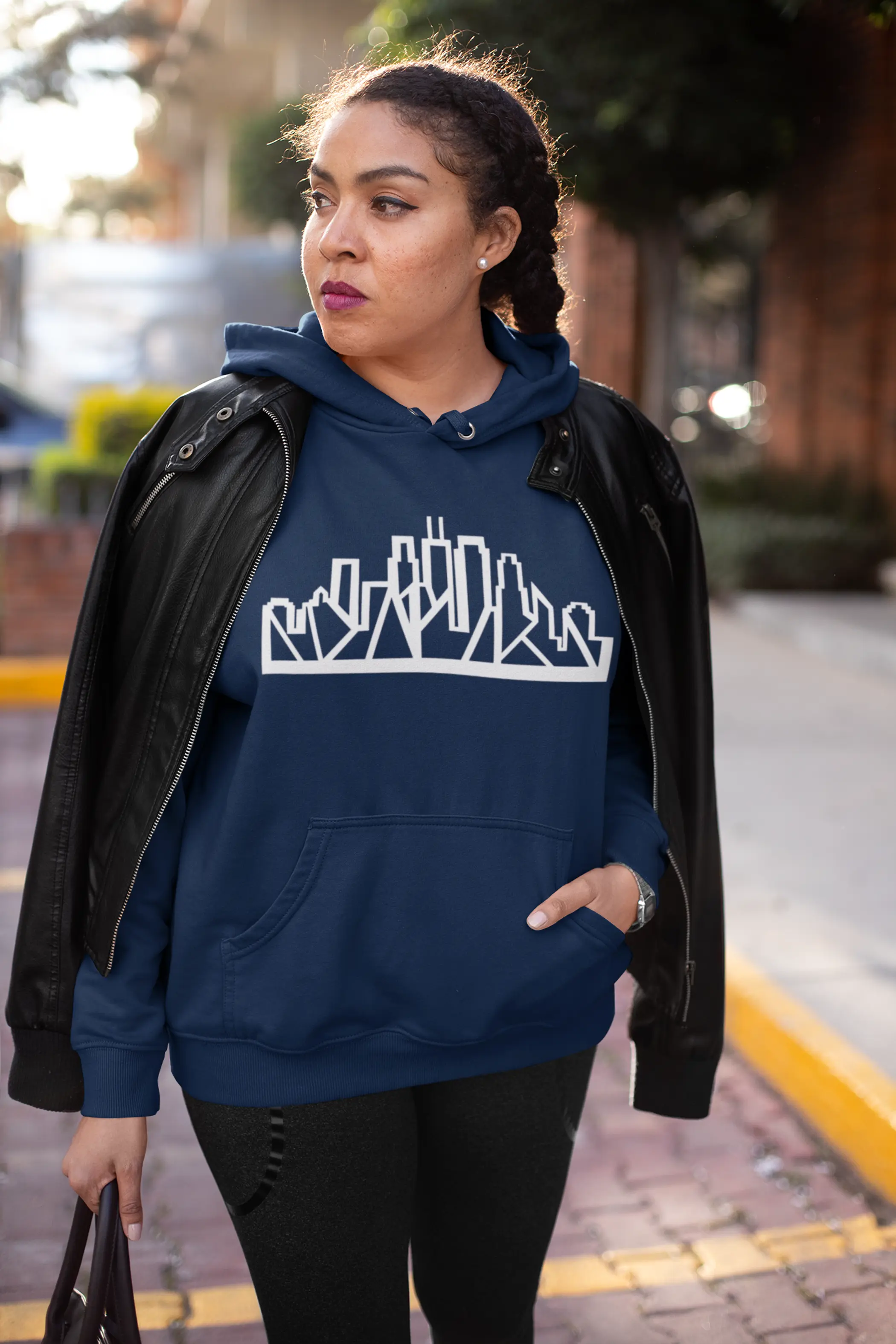 Chicago Skyline Hoodie with White Outline Black Cat Bazaar