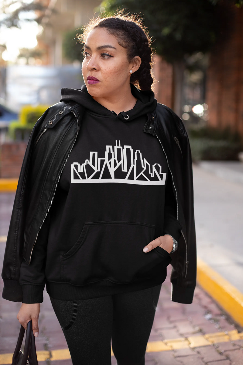 Chicago Skyline Hoodie with White Outline Black Cat Bazaar