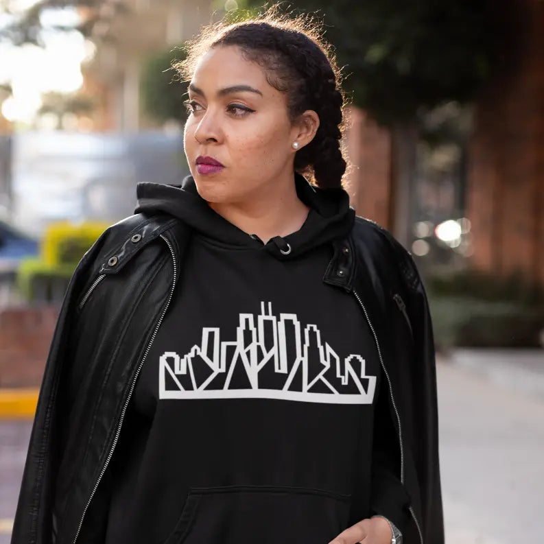 Chicago Skyline Hoodie with White Outline Black Cat Bazaar