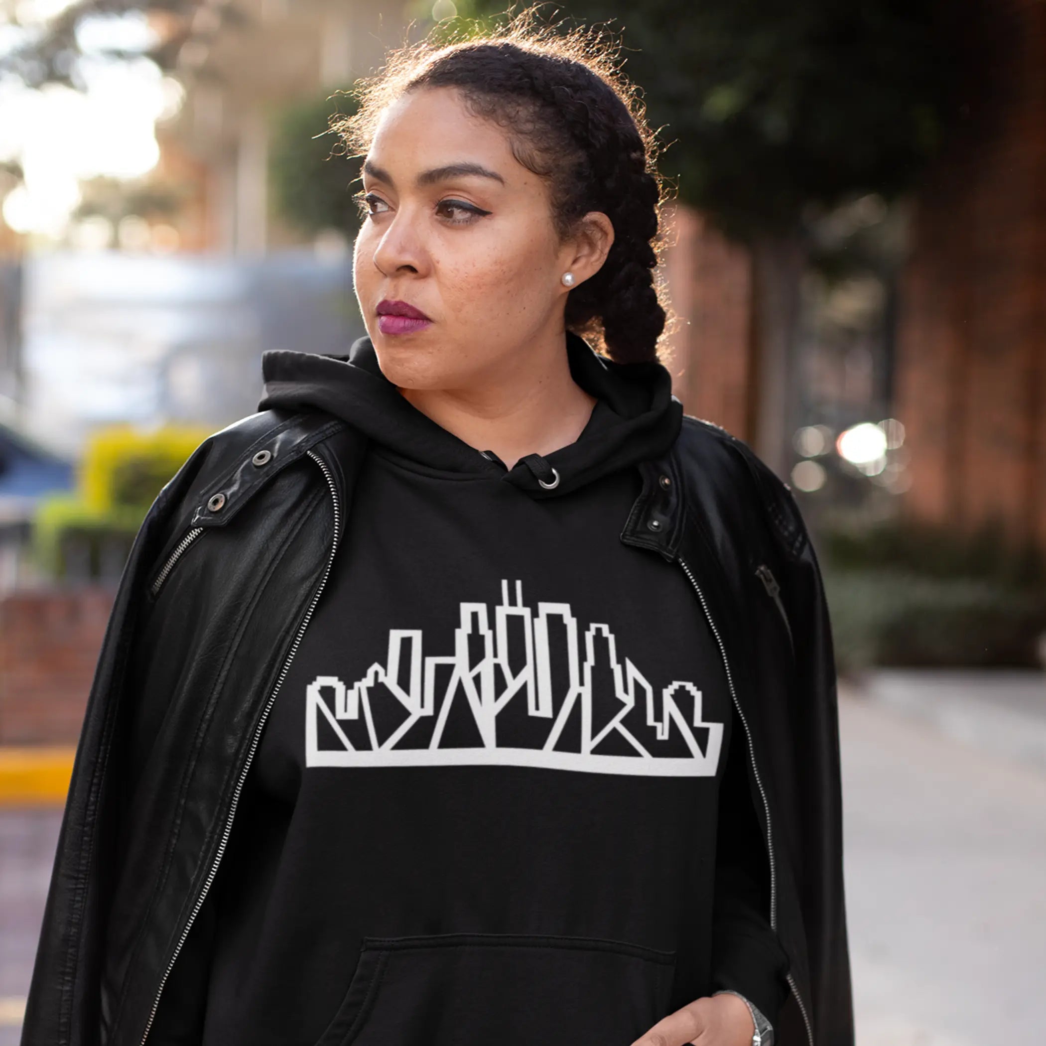 Chicago Skyline Hoodie with White Outline Black Cat Bazaar