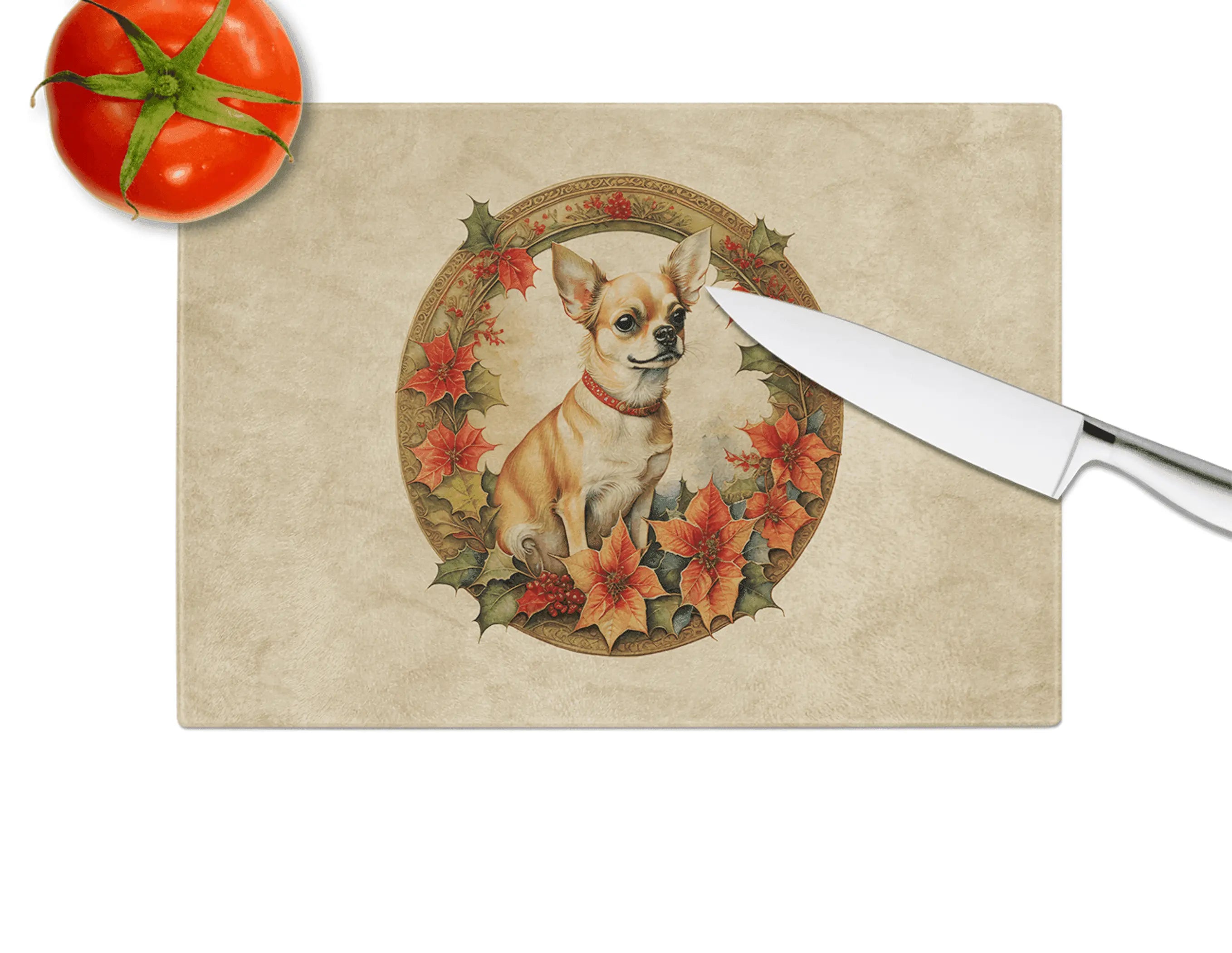 Chihuahua Christmas Flowers Glass Cutting Board Caroline's Treasures